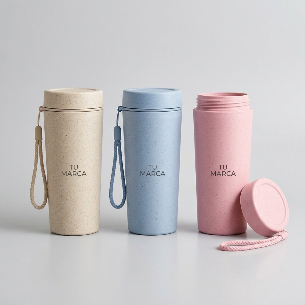 Vaso de fibra de trigo con tapa y correa