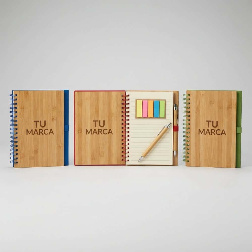 Libreta de bambú con lapicero y post-its