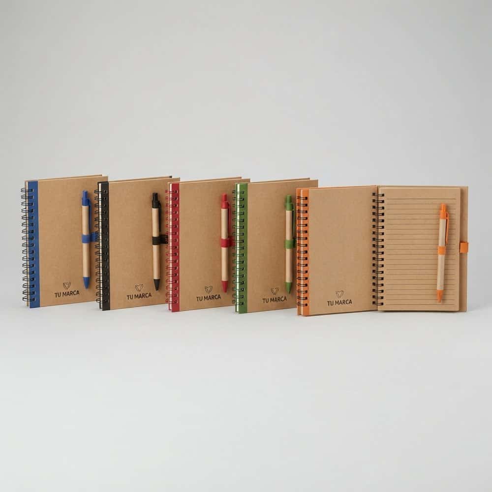 Libreta kraft anillada con lapicero ecológico